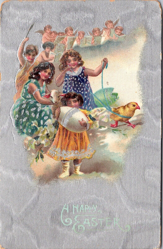 Easter Postcard Girls Decorated Egg Lamb Chick on Leash Cherub Angels~138691