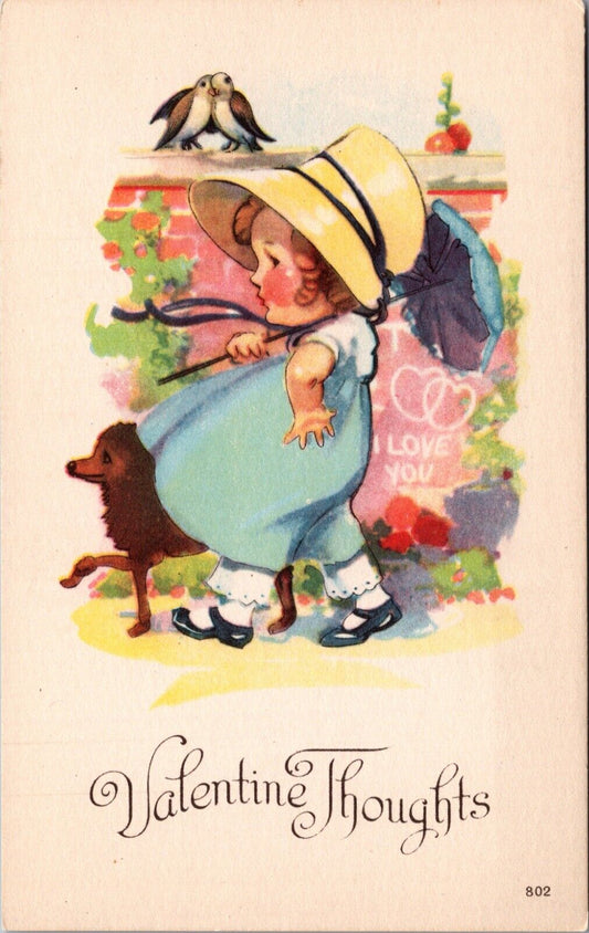 Valentine Thoughts Postcard Little Girl Bonnet Umbrella Love Birds Dog