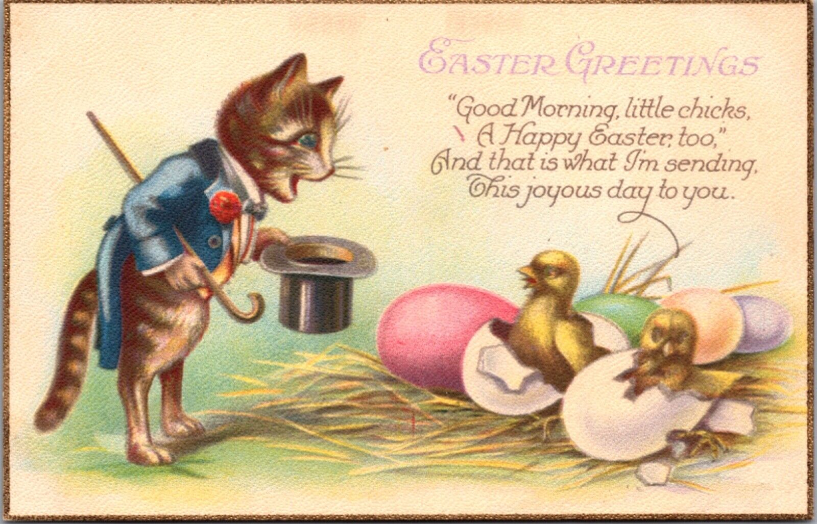 Easter Greetings Dressed Cat with Top Hat Chicks Hatching from Colored Eggs