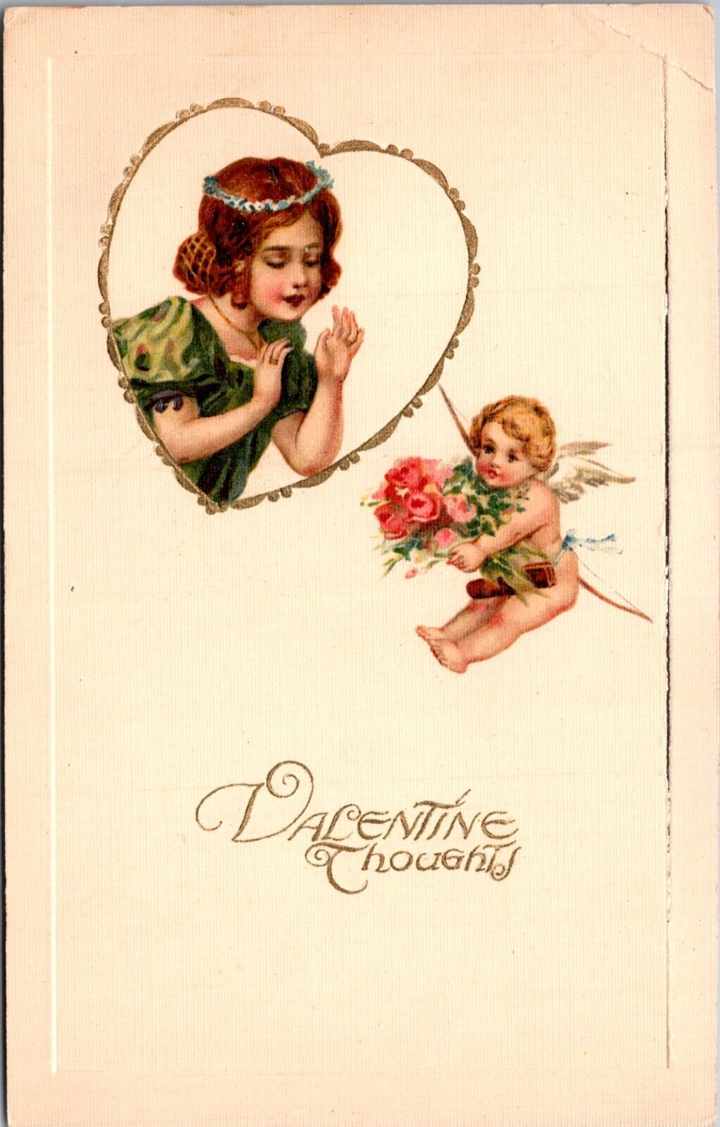 Valentine Thoughts PC Young Girl Inside Heart Cupid Cherub Bouquet of Roses