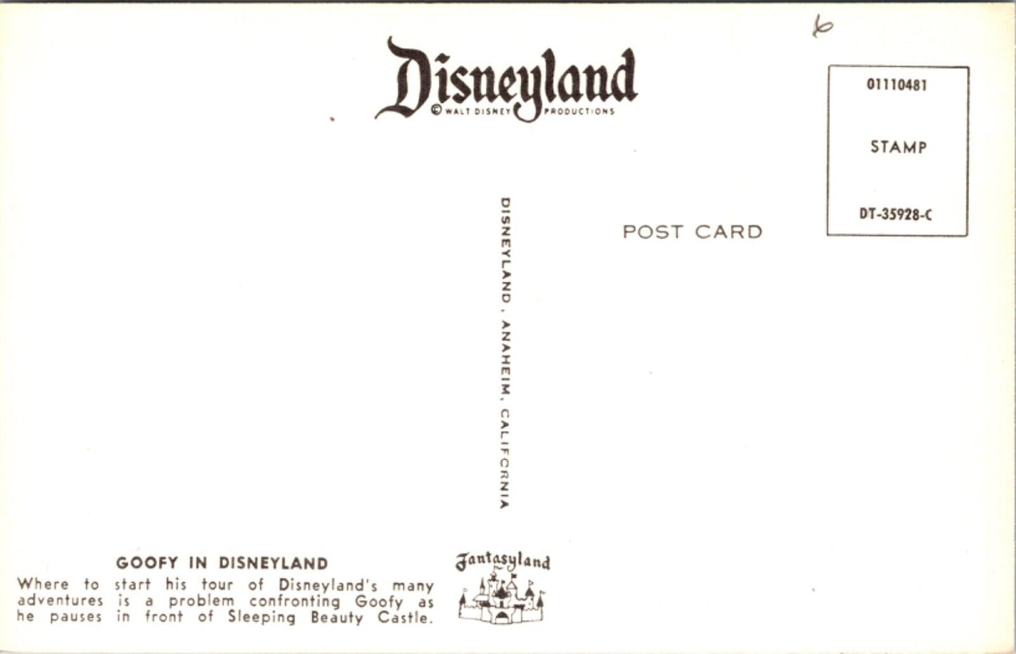 Disneyland Postcard Goofy Sleeping Beauty Castle Fantasyland