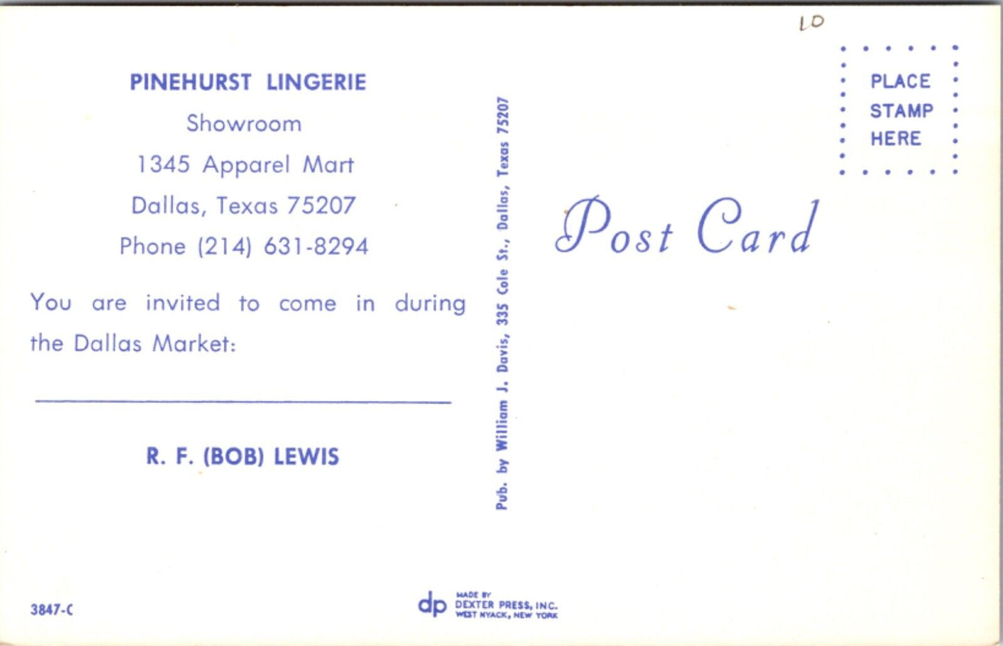 Advertising Postcard Pinehurst Lingerie Showroom 1345 Apparel Mart Dallas Texas