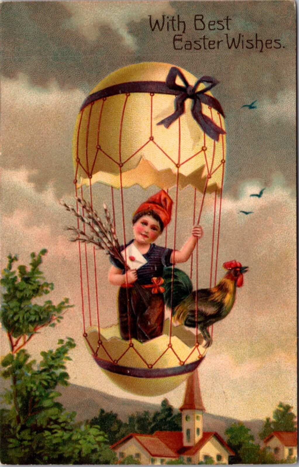 Easter Postcard Chicken and Boy in Broken Eggshell Airship Hot Air Balloon