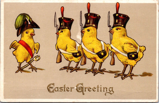 Easter Postcard Four Chicks Dressed as Military Soldiers