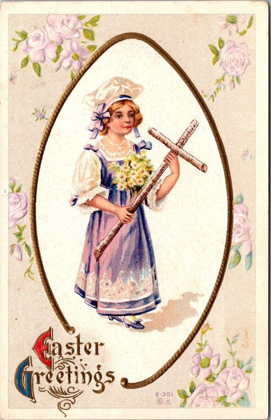 Easter Postcard Girl Holding Wooden Cross White Daisy Flowers~138692