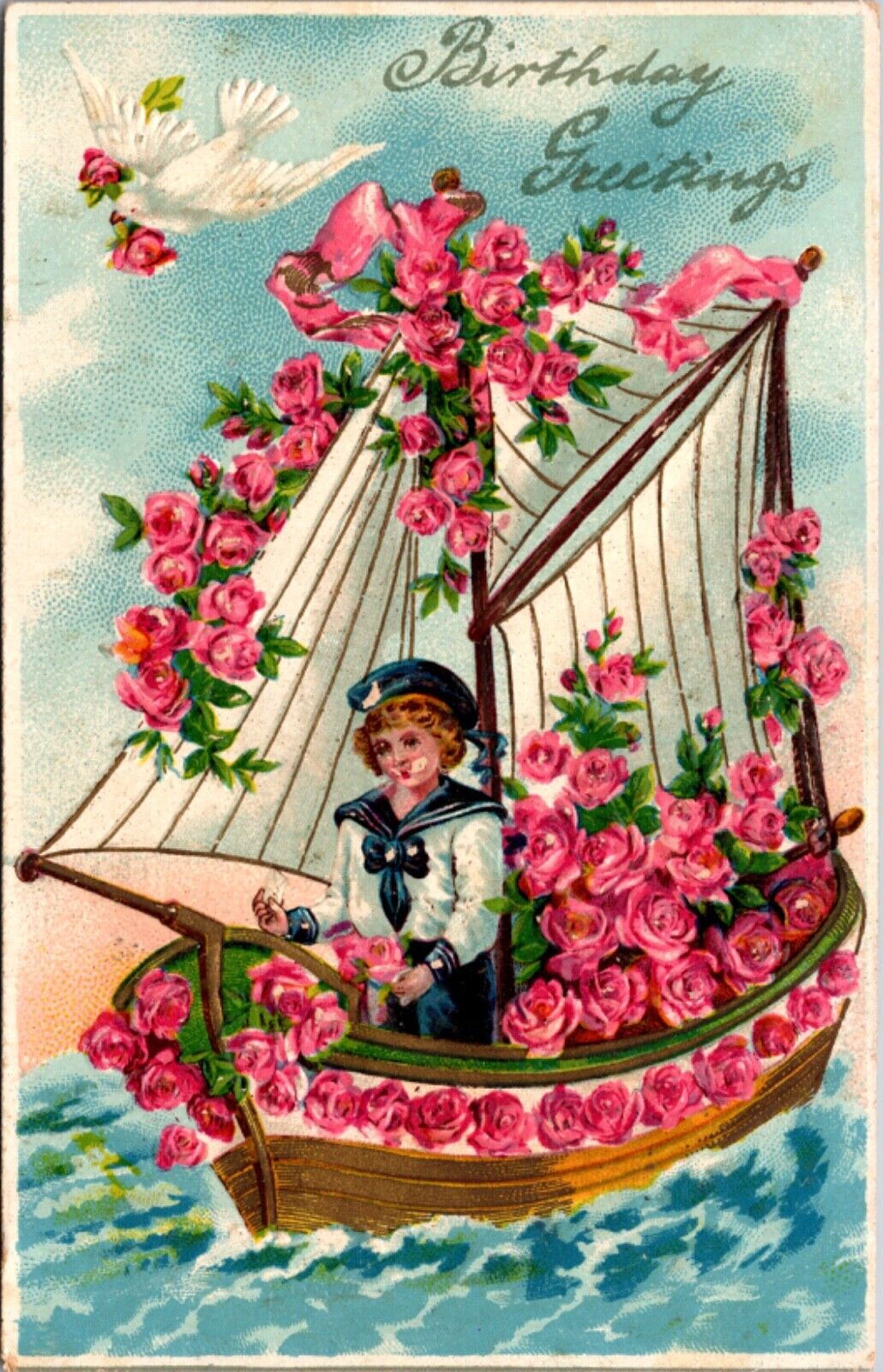 Birthday Greetings Postcard Sailor Dressed Boy in a Boat Filled with Pink Roses