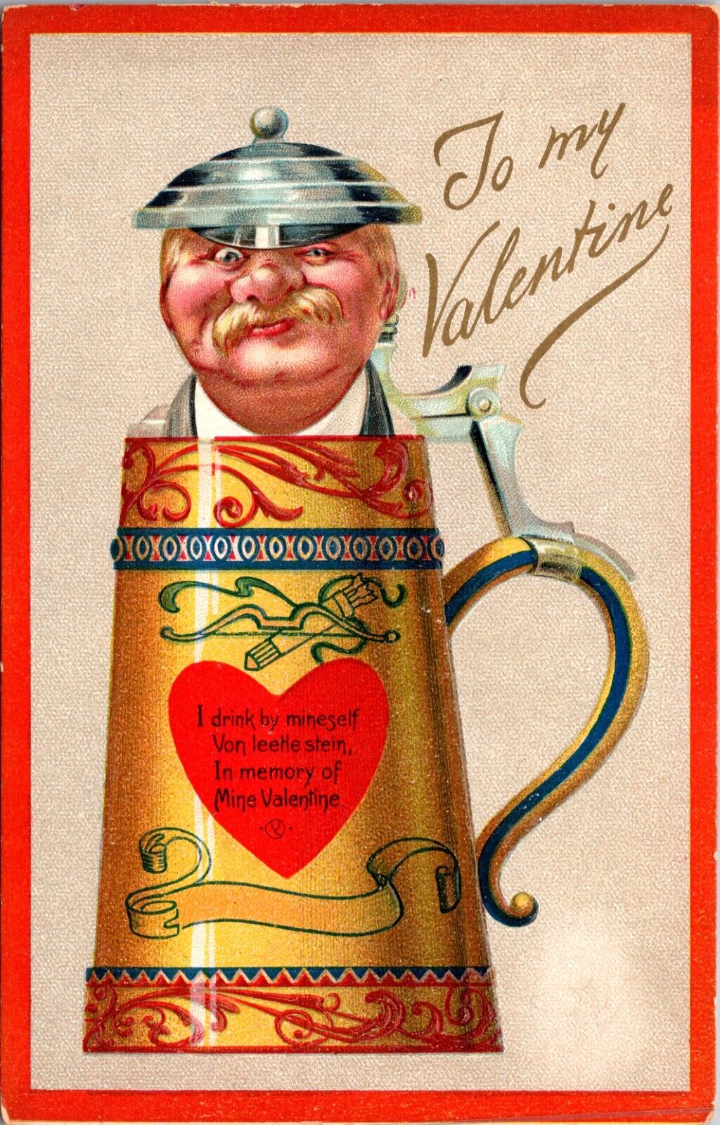 Valentine Postcard Man Coming Out of Beer Stein