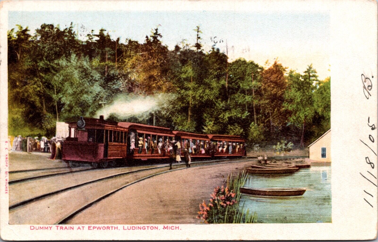 1905 Postcard Dummy Train at Epworth, Ludington, Michigan