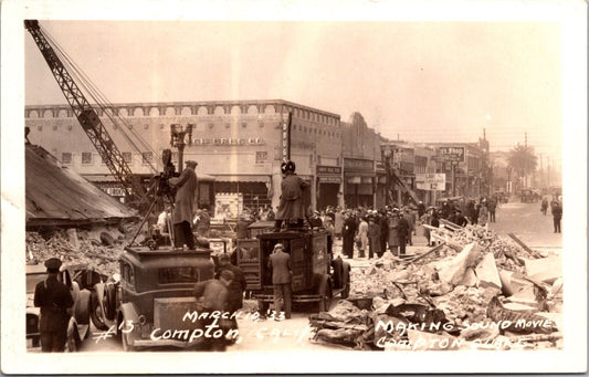 1933 Real Photo Postcard Making Sound Movie Compton Quake in Compton California