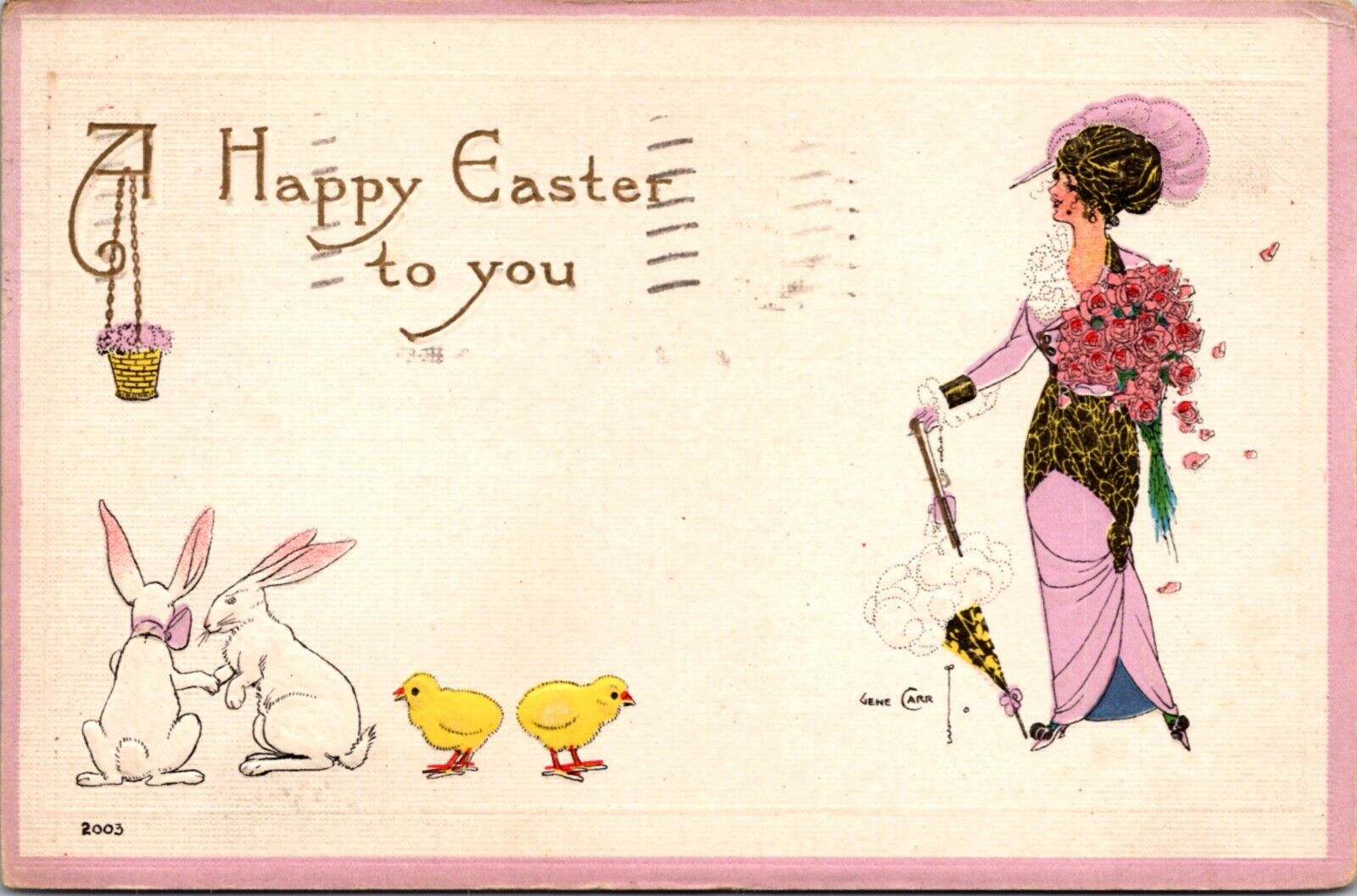 Easter Postcard Well Dressed Woman Bouquet of Roses Umbrella Bunny Rabbit Chick